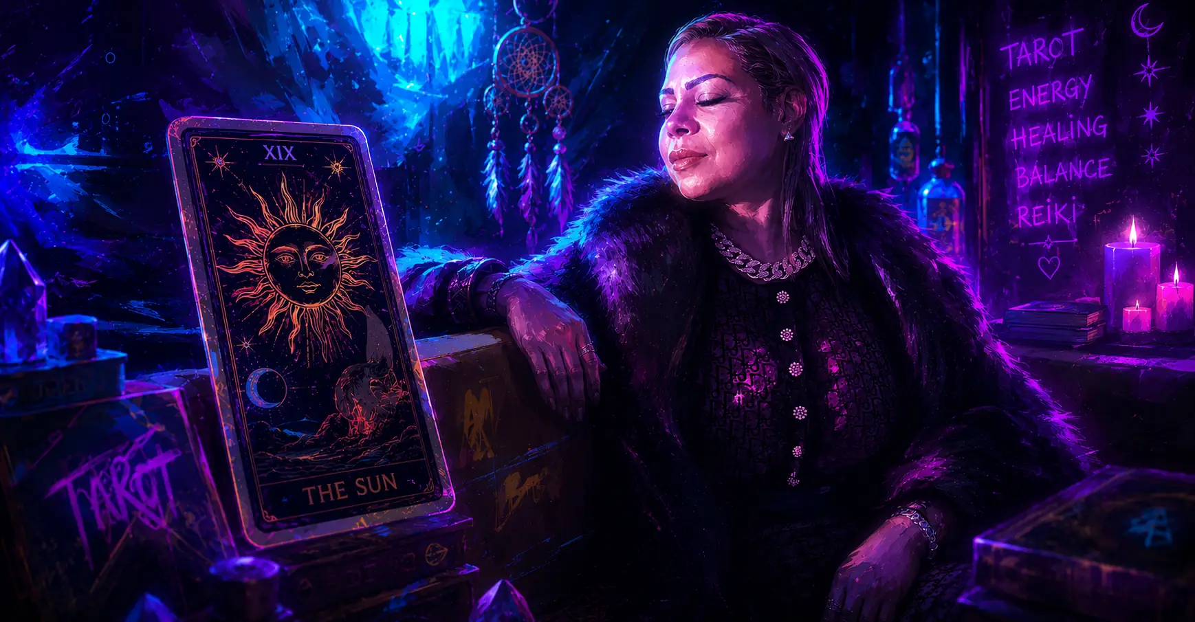 An illustrated portrait of Fardous Nashaat seated beside a large tarot card, The Sun, among candles and crystals in violet and blue light.
