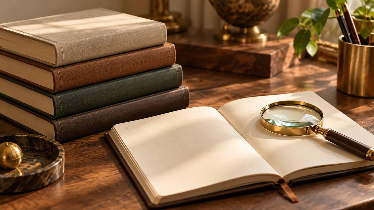 Books and a blank notebook beside a magnifying glass