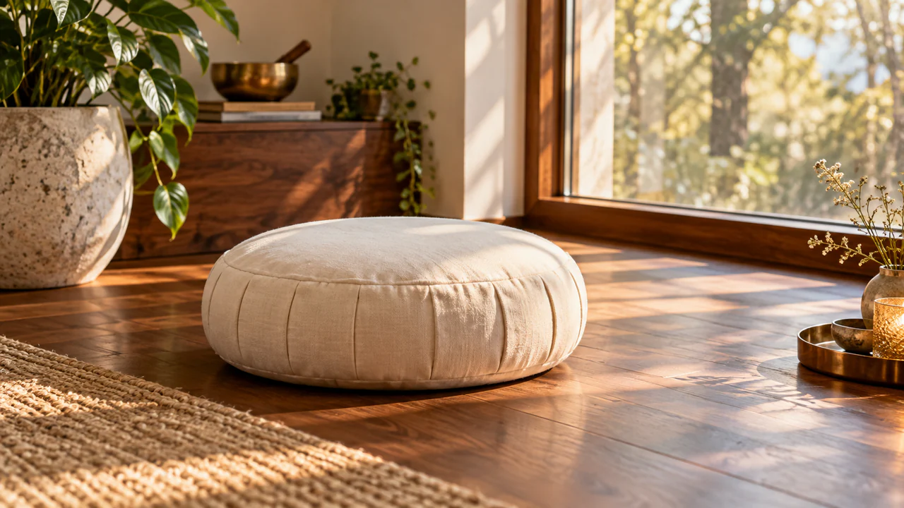 An empty meditation cushion in a naturally lit room