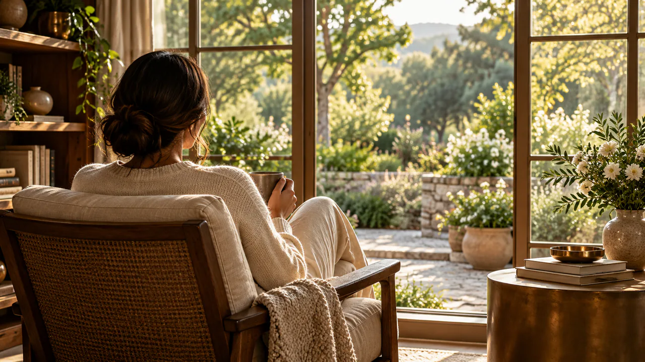 An adult seen from behind sitting quietly near a window