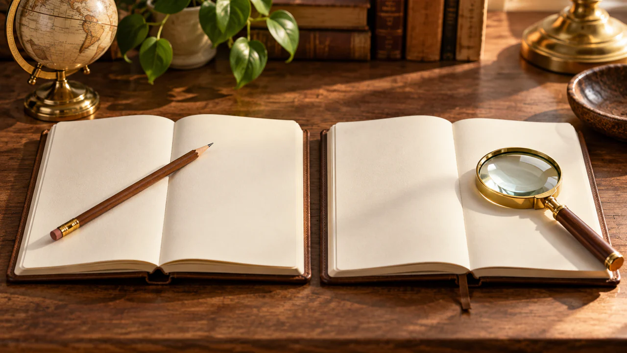 Two open blank notebooks arranged for comparing ideas and evidence