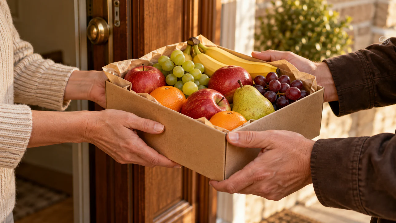 Hands passing a box of fruit as an ordinary act of help