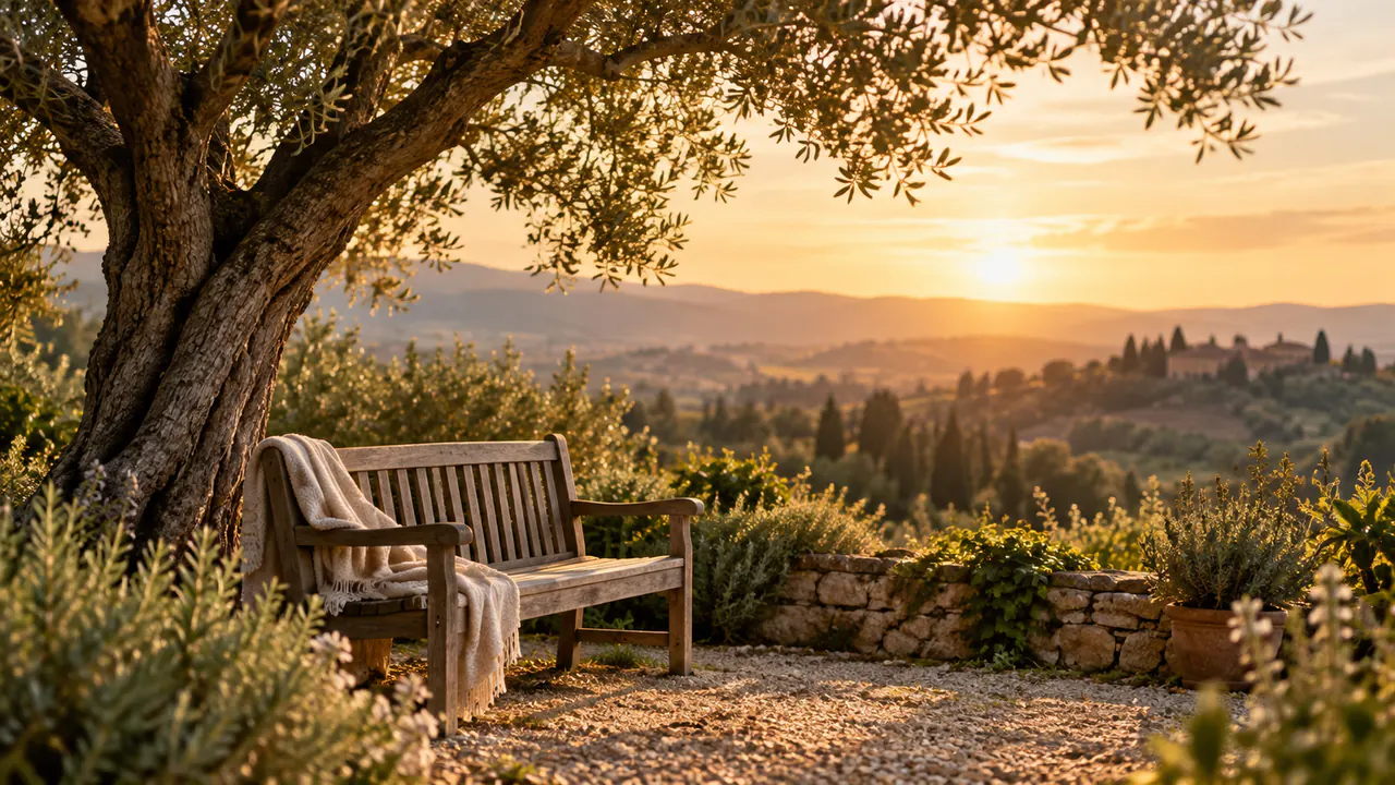 A bench under a tree overlooking a quiet landscape
