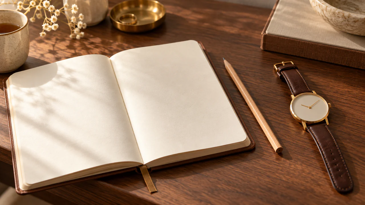 A blank notebook and a simple watch on a wooden desk
