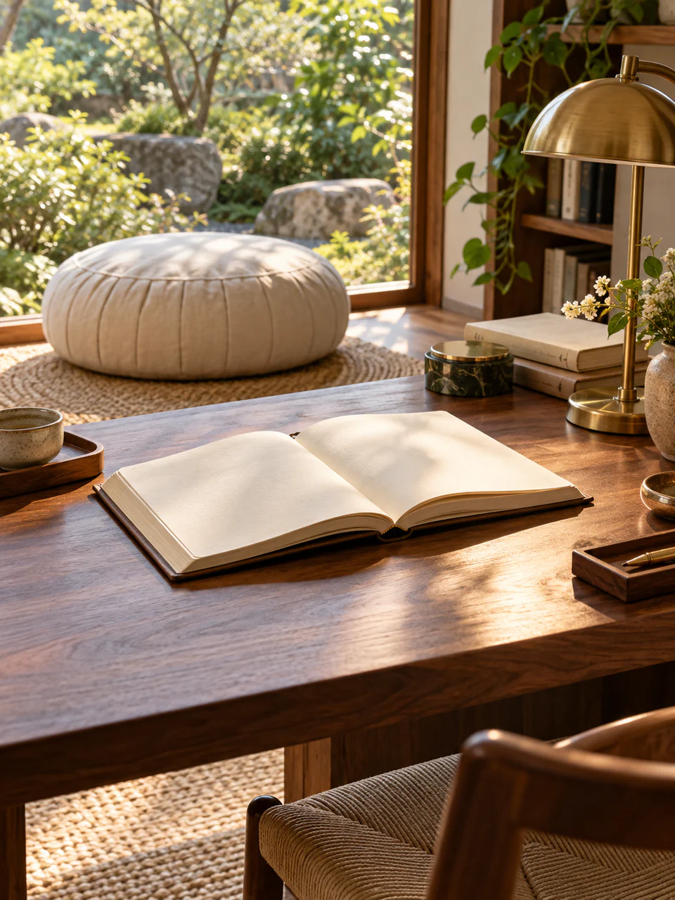 An open book on a wooden desk with a meditation cushion in the background