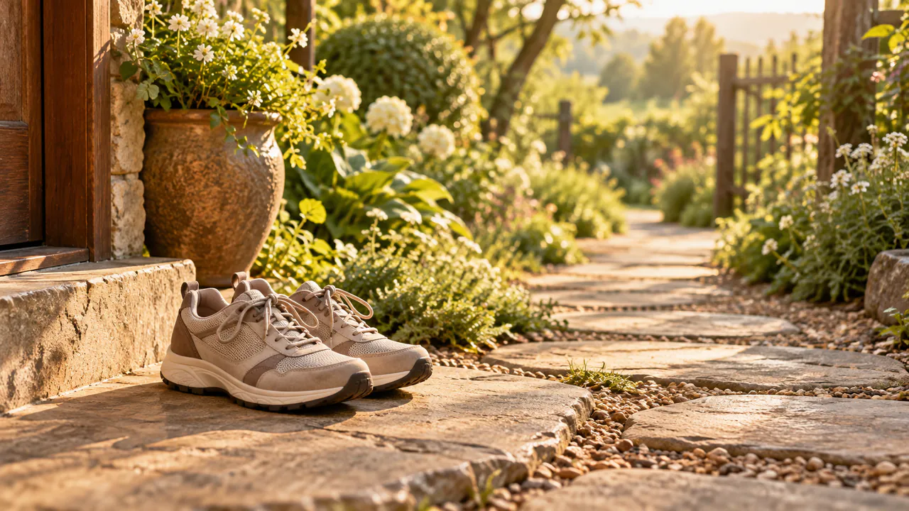 Walking shoes placed beside a quiet garden path