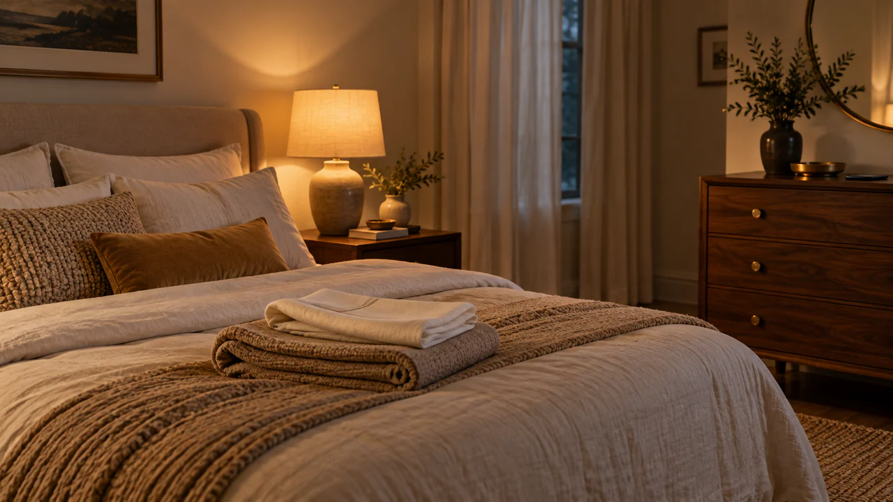 A comfortable bedroom with warm low lighting