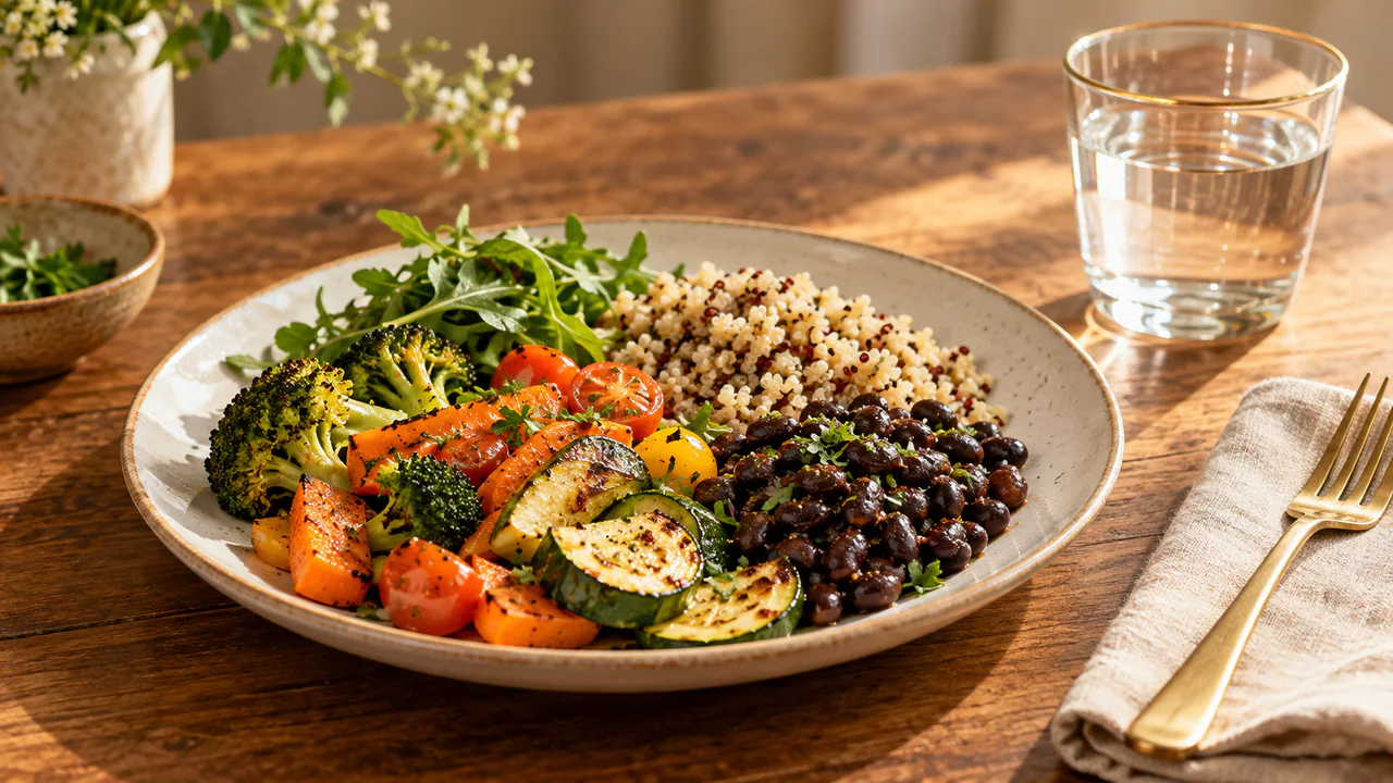 A plate of grains, beans and vegetables beside a glass of water