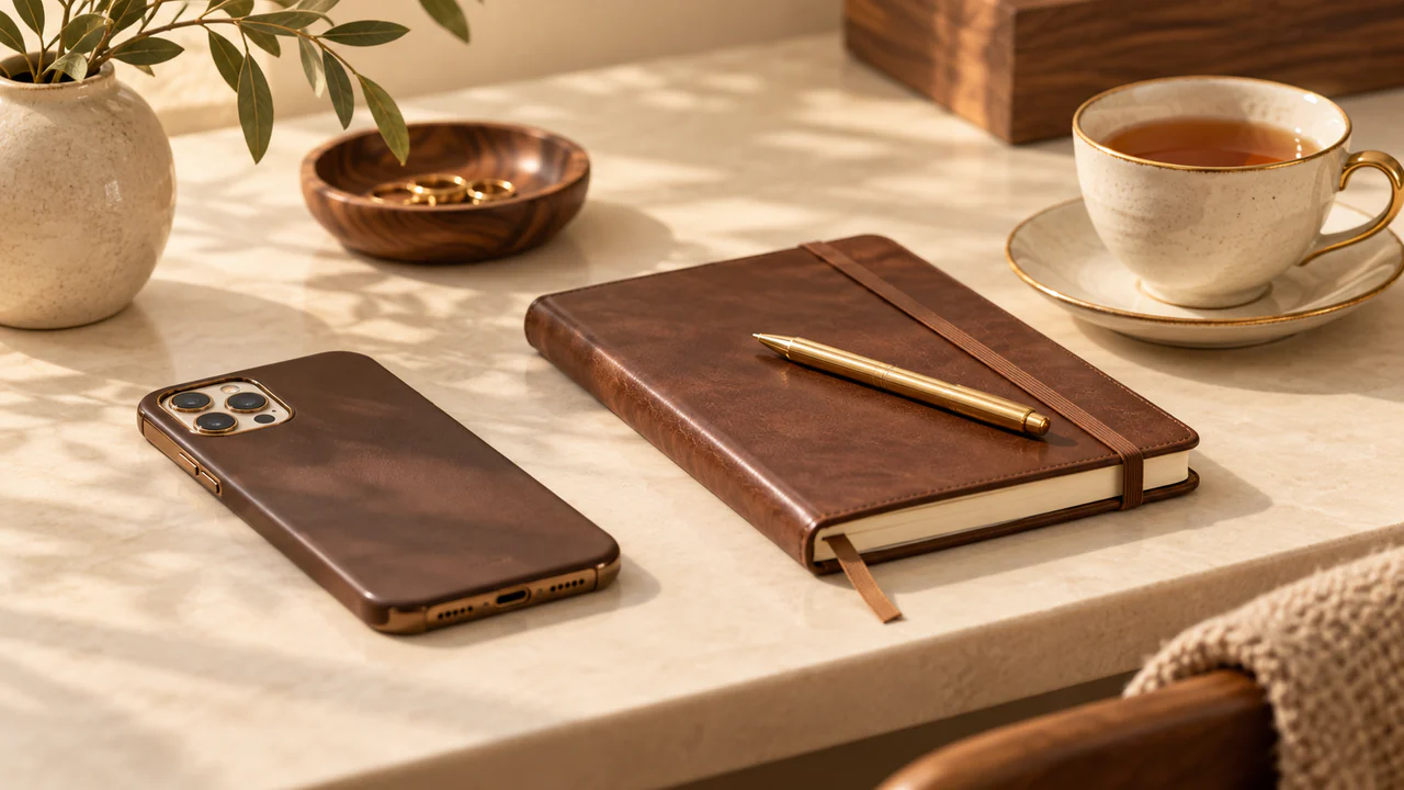 A phone turned over beside a closed notebook and cup