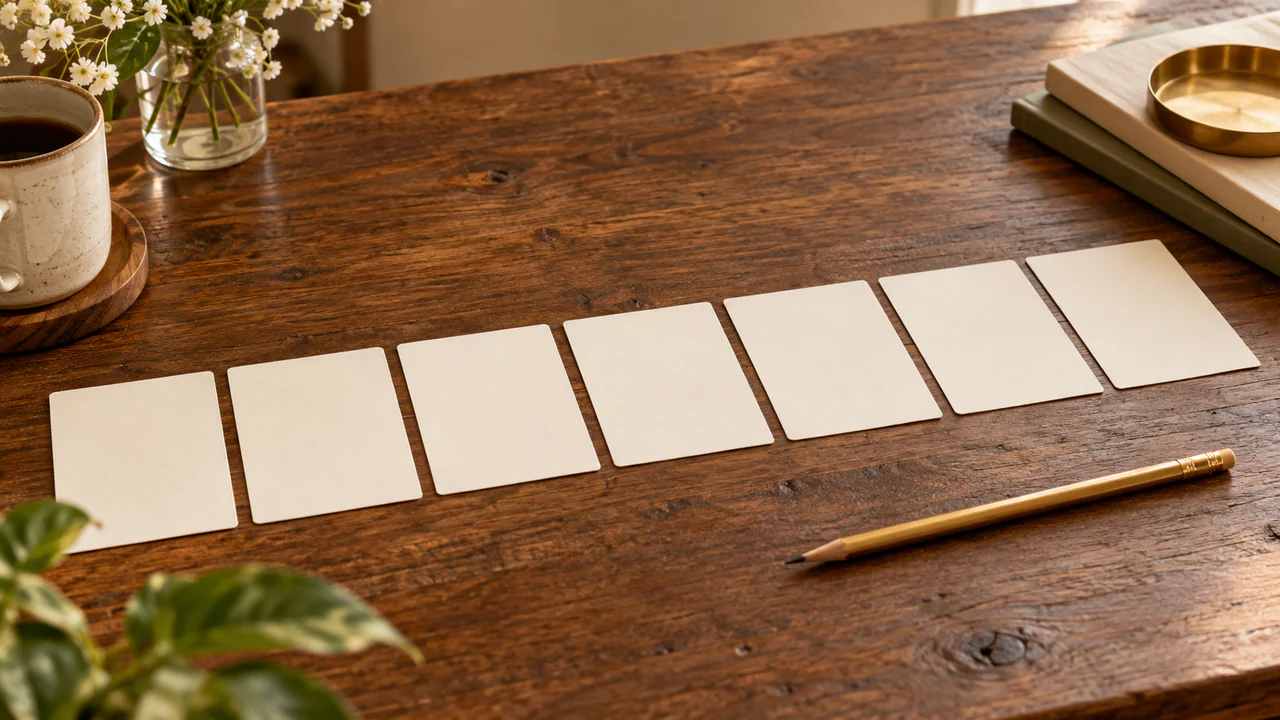 Blank planning cards arranged beside a pencil
