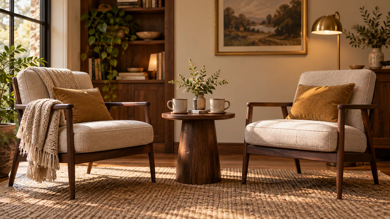 Two comfortable chairs facing a small table