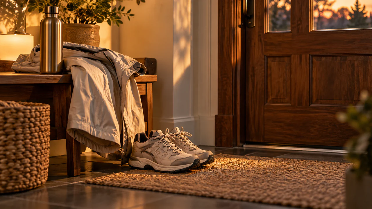 Shoes and a jacket prepared near the door for the next day