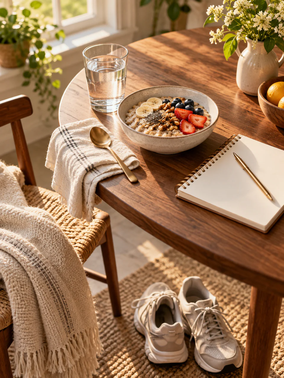 A morning table with breakfast, water and a notebook, with walking shoes nearby