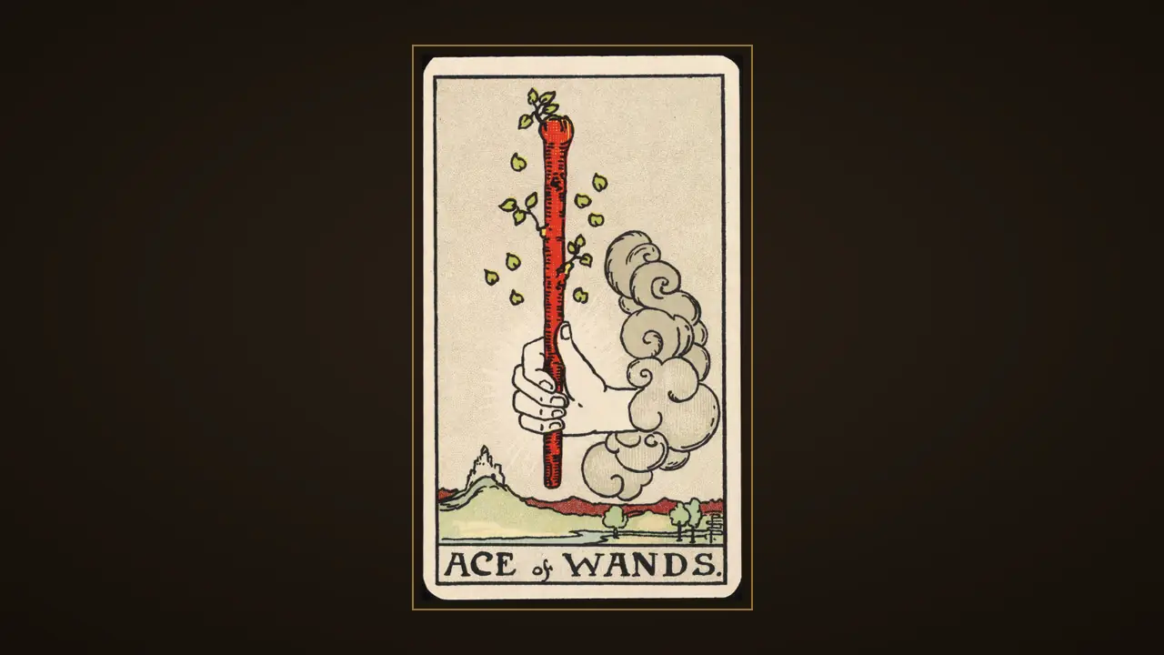 L'As de Bâtons du jeu Waite–Smith de 1909, sur un fond d'encre sombre