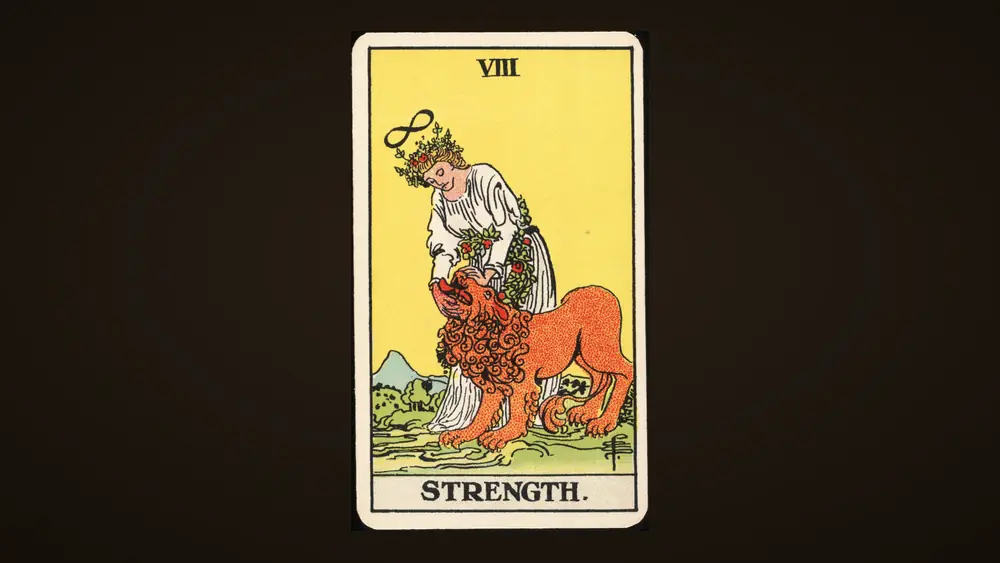 La Force, carte du jeu Waite–Smith de 1909, sur un fond d'encre sombre
