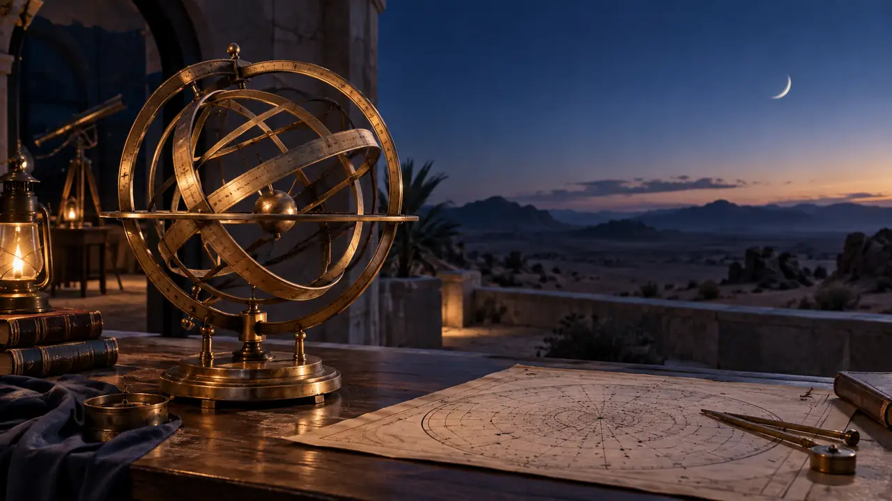 Mercure rétrograde 2026, illustrée par une sphère armillaire sous un croissant de lune, dans un soir désertique
