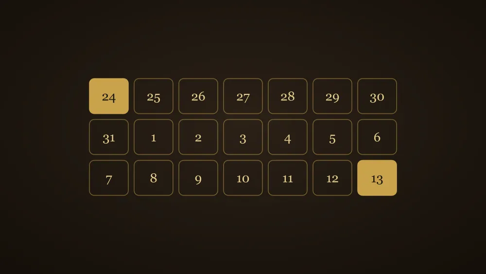 Grille de calendrier de 21 jours, du 24 octobre au 13 novembre, avec le premier et le dernier jour mis en évidence