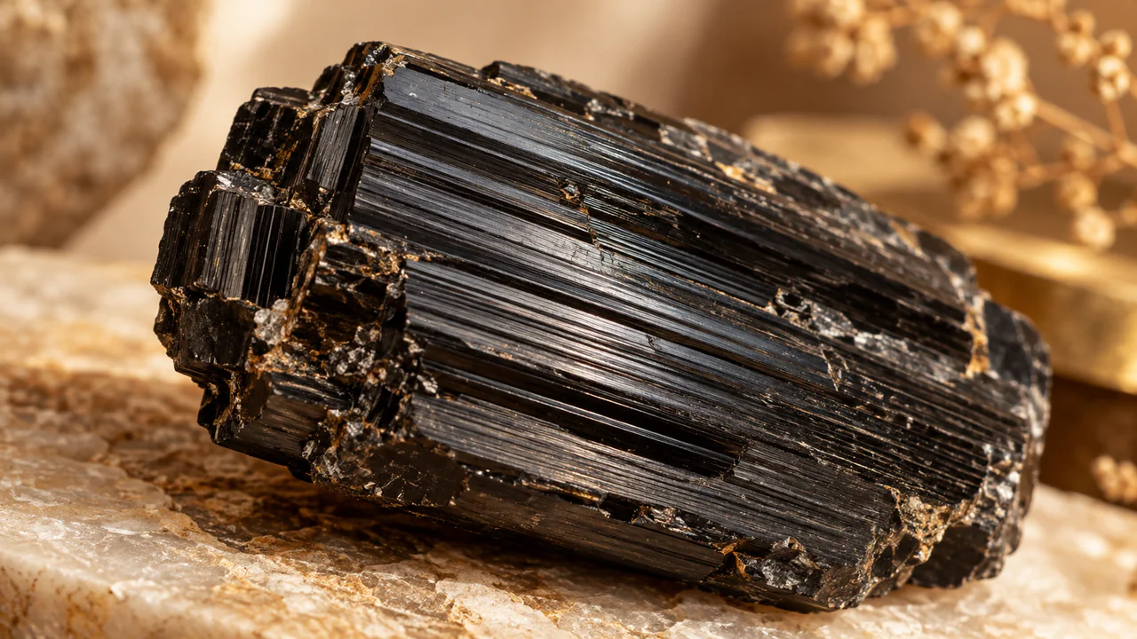 Gros plan d'une tourmaline noire présentant des stries longitudinales