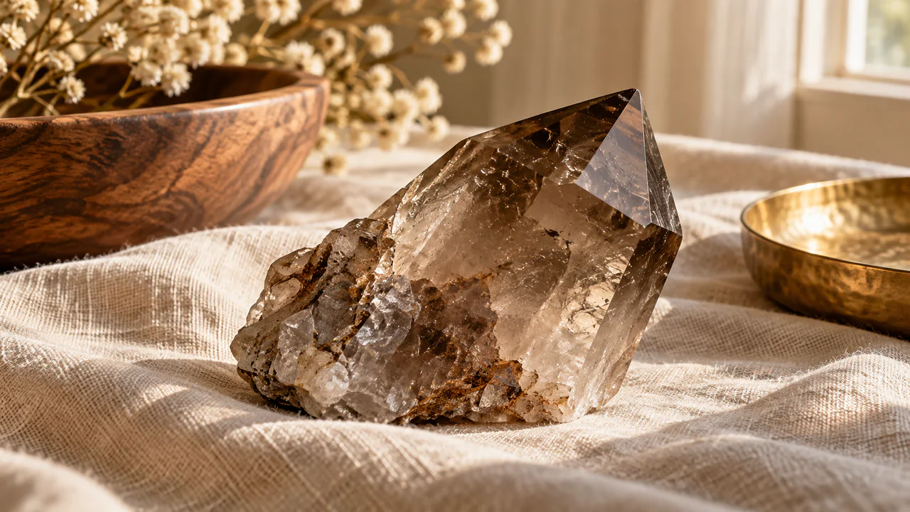Cristal de quartz fumé translucide sous une lumière de fenêtre douce