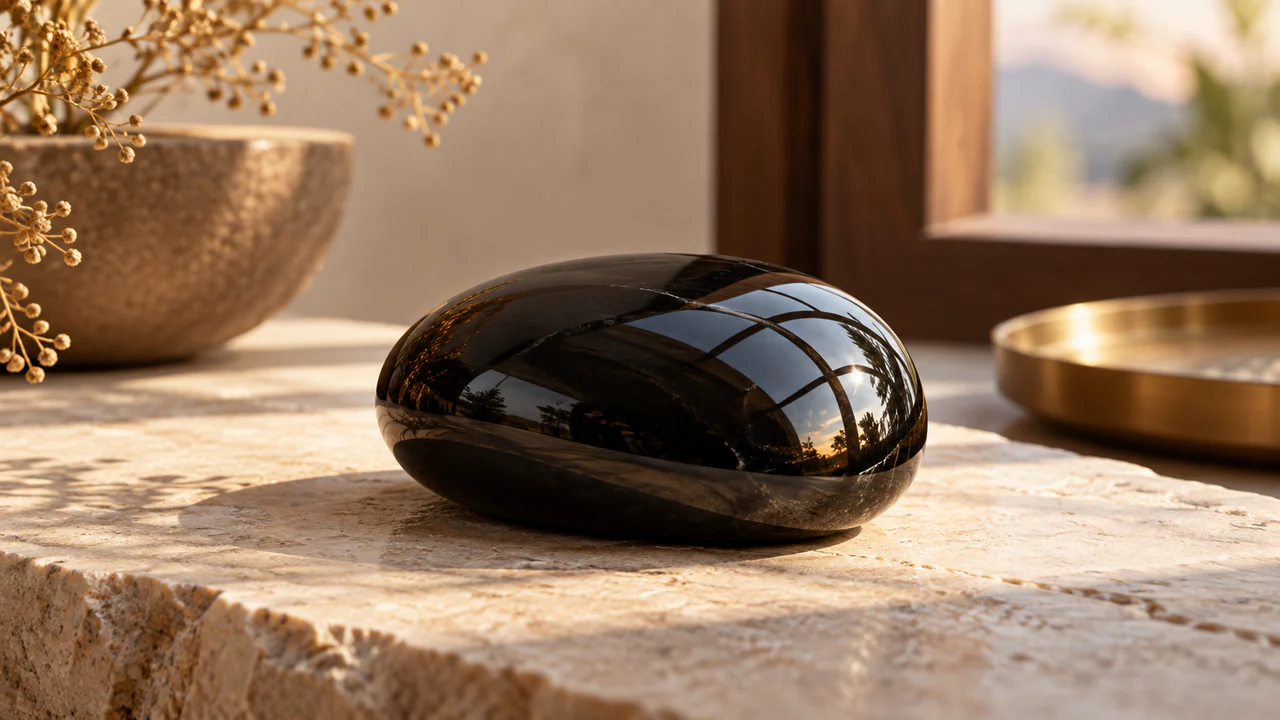 Galet d'obsidienne noire reflétant doucement une fenêtre