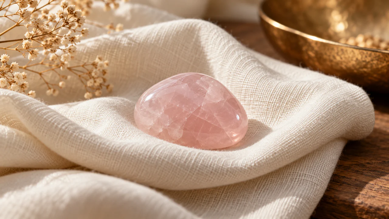 Quartz rose pâle posé sur un tissu ivoire replié