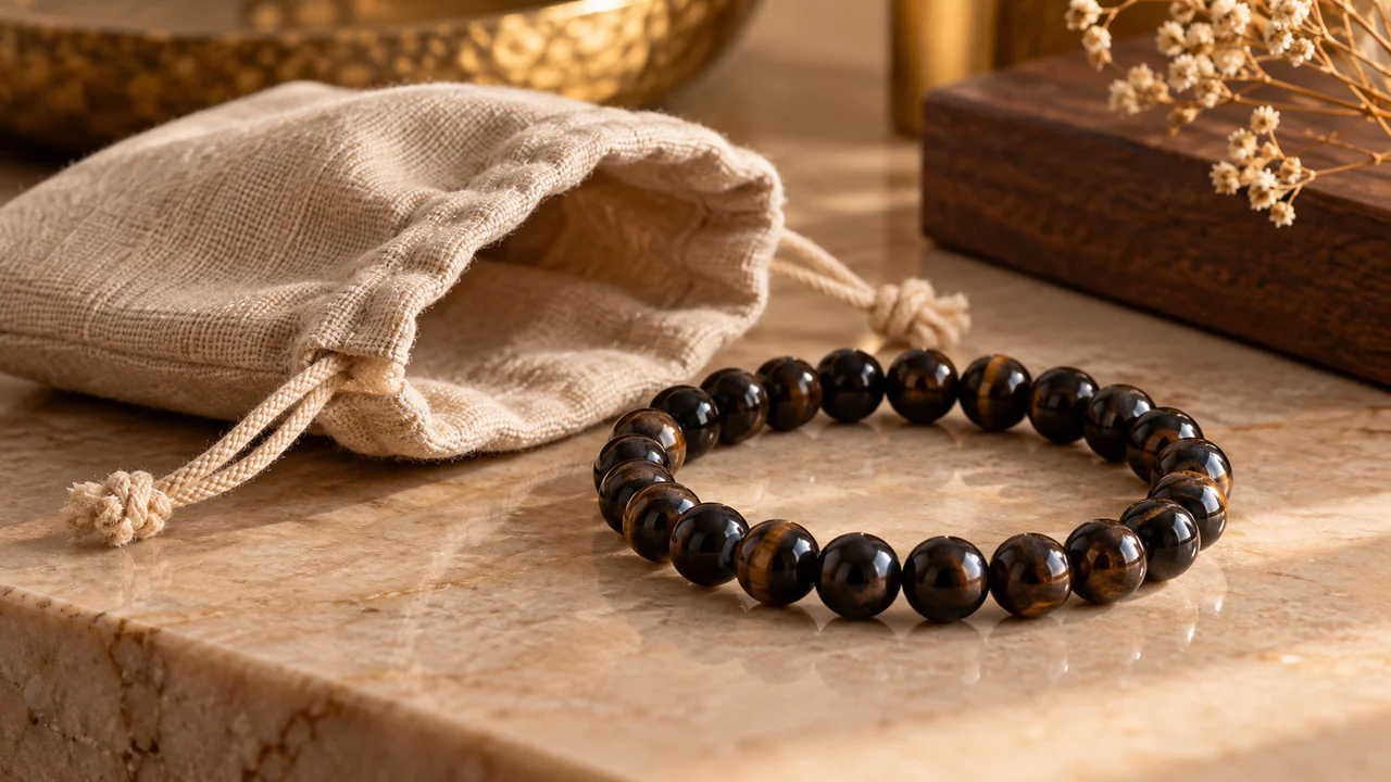 Bracelet de perles sombres accompagné d'une pochette en tissu