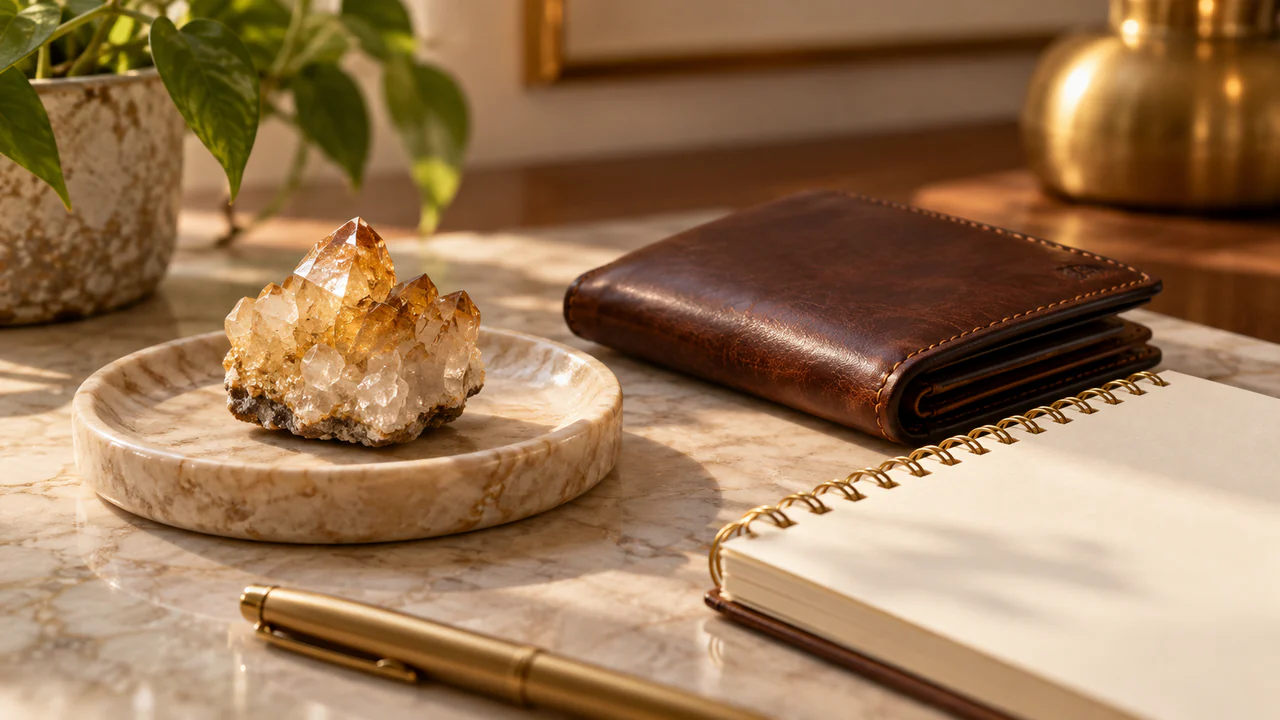 Portefeuille fermé et carnet près d'une petite pierre décorative