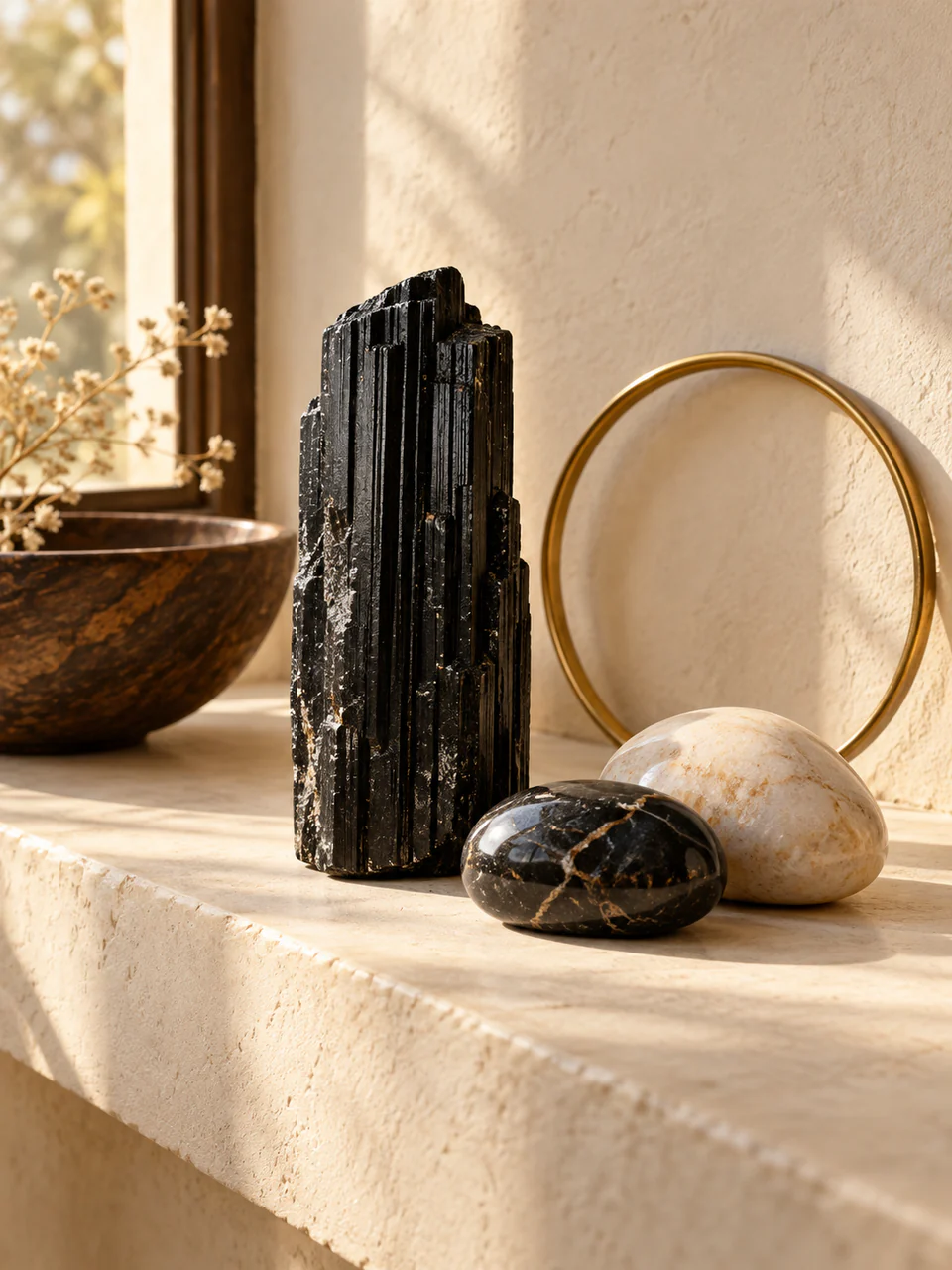 Tourmaline noire et galets sur une surface ivoire, près d'un cercle en laiton