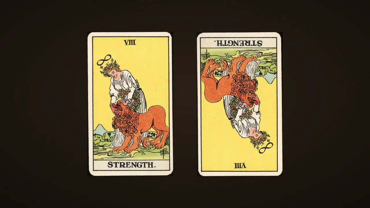 The Strength card from the 1909 Waite–Smith tarot, upright and turned upside down, on a dark ink background