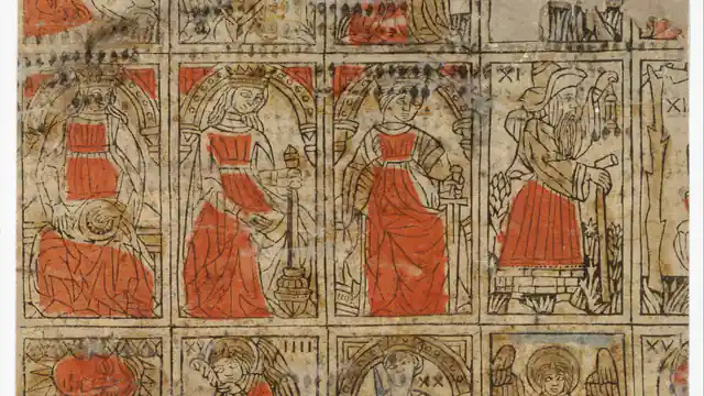Tarocchi sheet, ca. 1500, with a crop of woodcut cards in red, blue and brown
