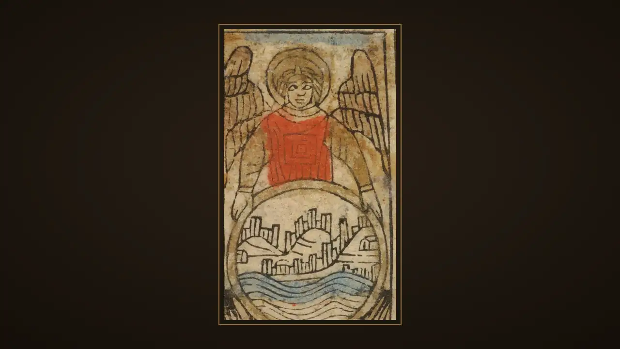 A card from the tarocchi sheet, ca. 1500, showing a winged figure above a walled city, on a dark ink background
