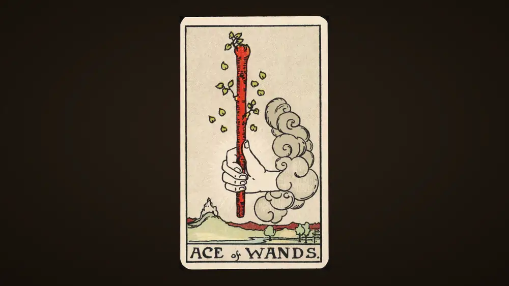 The Ace of Wands card from the 1909 Waite–Smith tarot, on a dark ink background