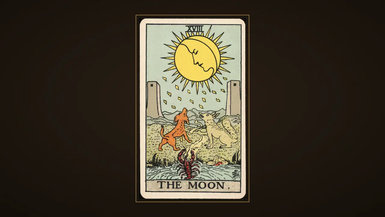La carte de La Lune du jeu Waite–Smith de 1909, sur un fond d'encre sombre
