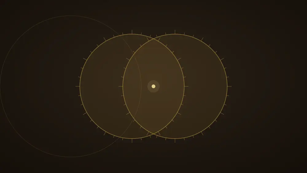 Deux cercles qui se chevauchent, avec de fines graduations sur chaque bord et un centre commun, illustrant deux thèmes et le terrain qu'ils partagent