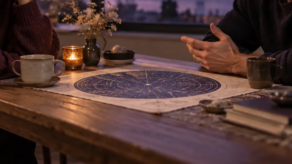 Carte astrologique imprimée sur une table en bois, à côté d'une bougie allumée et de deux tasses